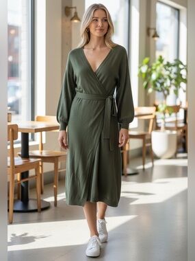 Mable Olive Green Wrap Sweater Dress With Long Puff Sleeve Midi Length Size M